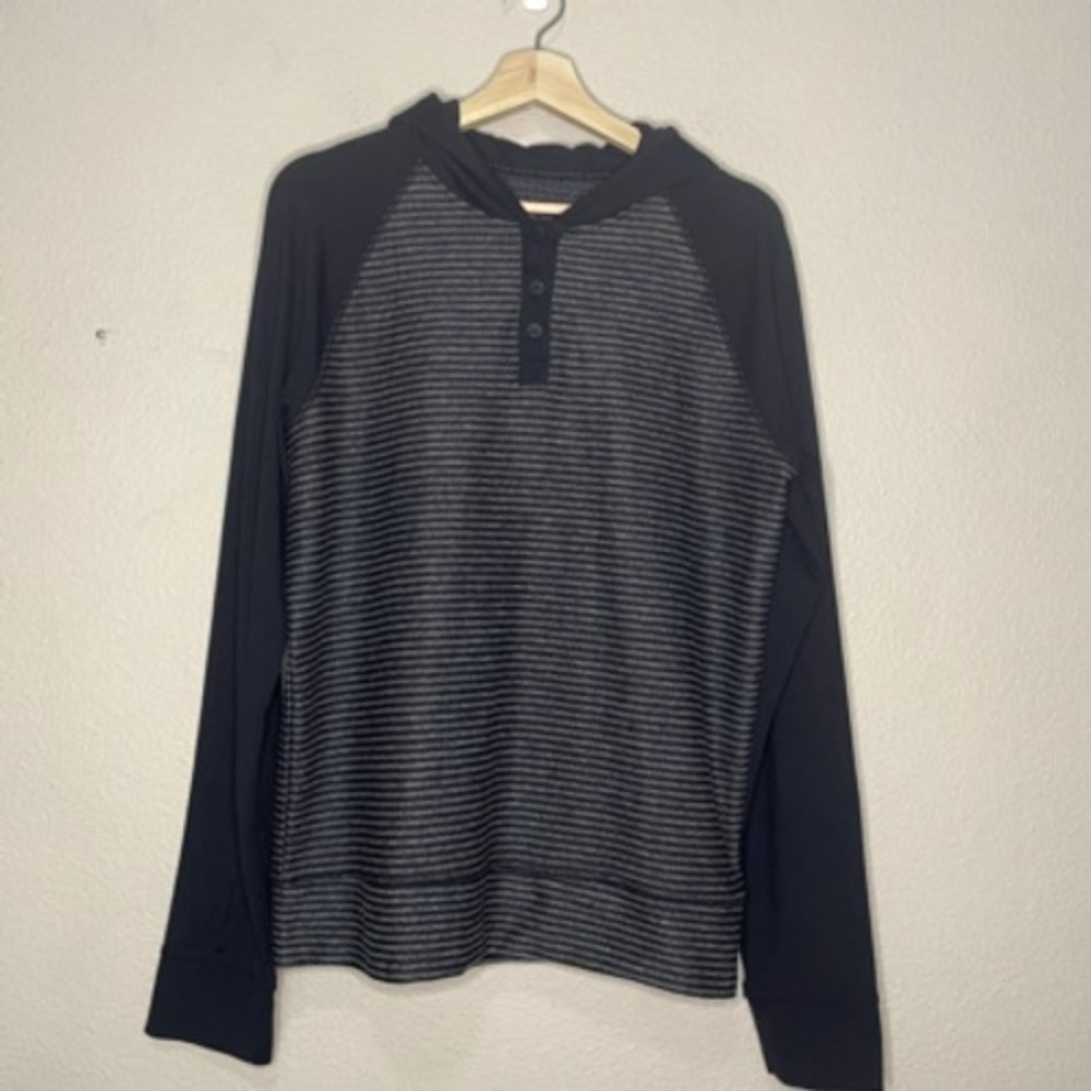 Mondetta Hoodie Sweater Mens Medium Black Gray Striped Stretch Henley Buttoned